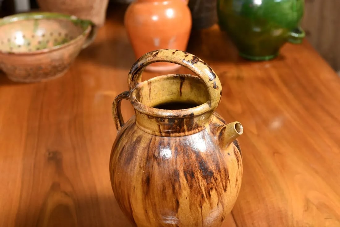 Rustic French 19th Century Olive Oil Pottery Jug with Brown and Mustard Glaze - 6