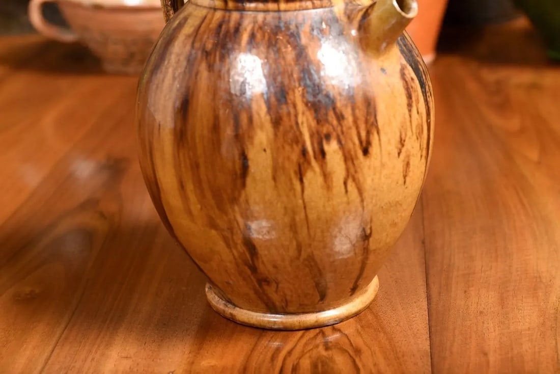 Rustic French 19th Century Olive Oil Pottery Jug with Brown and Mustard Glaze - 7