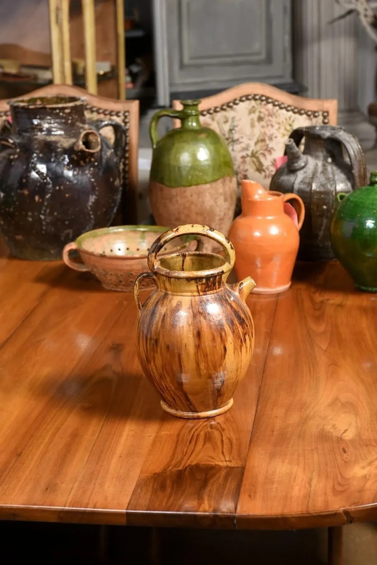 Rustic French 19th Century Olive Oil Pottery Jug with Brown and Mustard Glaze - 8