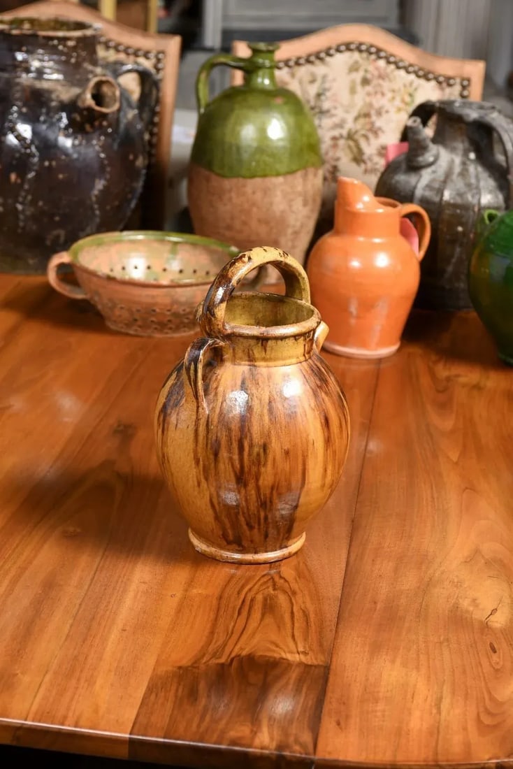 Rustic French 19th Century Olive Oil Pottery Jug with Brown and Mustard Glaze - 9