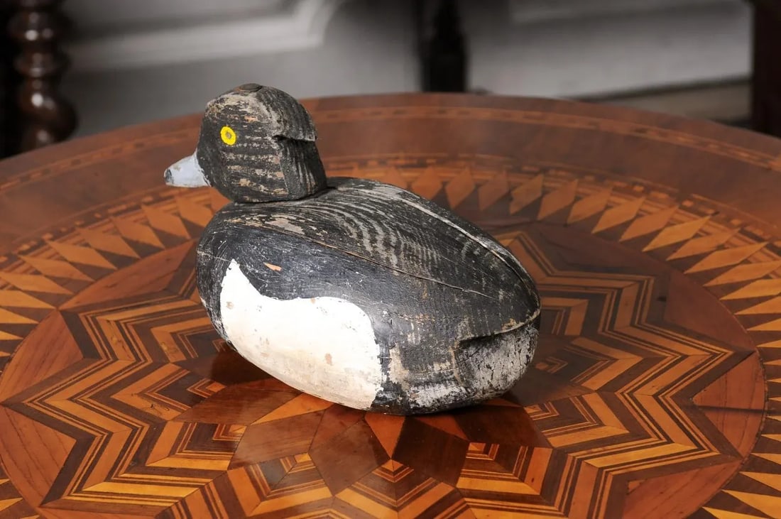 Rustic French 20th Century Carved Wooden Duck with Black, White and Yellow Paint - 12
