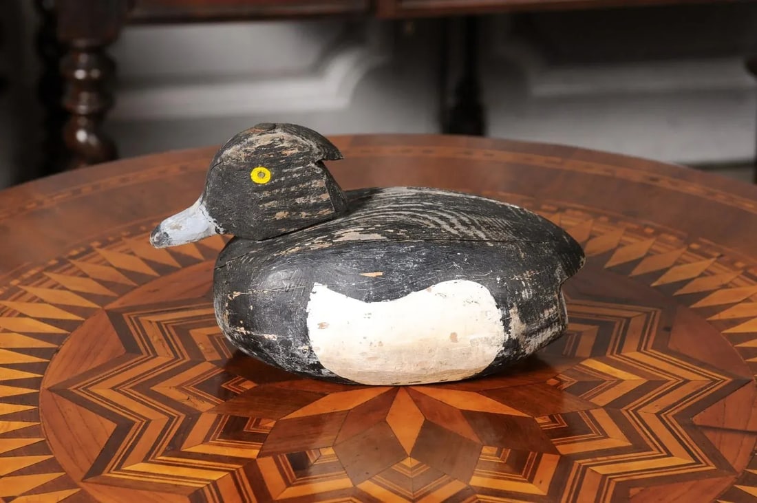 Rustic French 20th Century Carved Wooden Duck with Black, White and Yellow Paint - 2