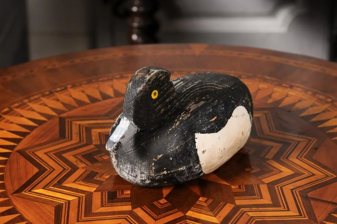 Rustic French 20th Century Carved Wooden Duck with Black, White and Yellow Paint - 3