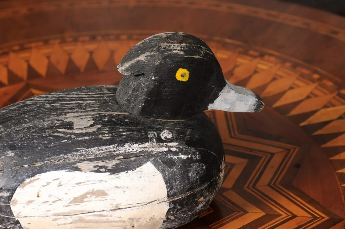 Rustic French 20th Century Carved Wooden Duck with Black, White and Yellow Paint - 8