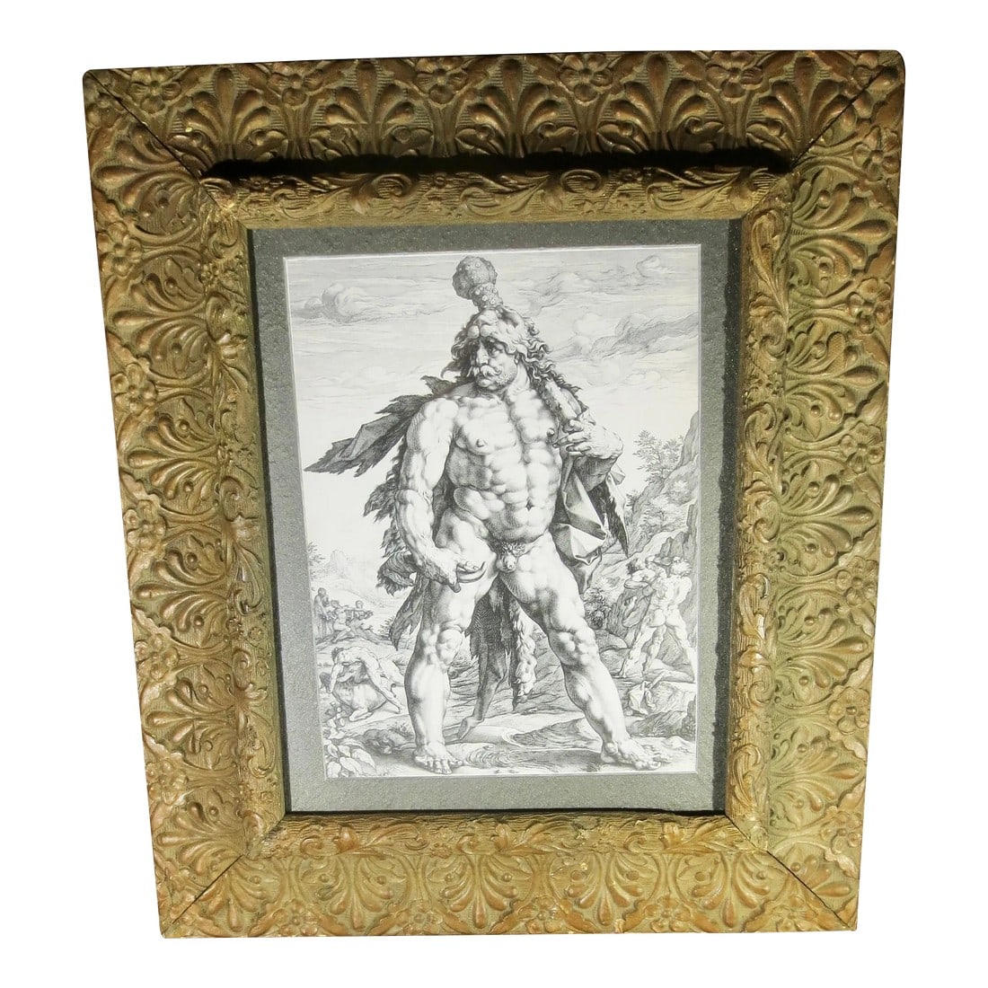 Hercules 1590 by Dutch Engraver: The impressive etching of Hercules was a political inspiration for Dutch identity under Spanish rule"”artwork by a baroque master engraver,( modern print copy) framed in an antique 19th-century