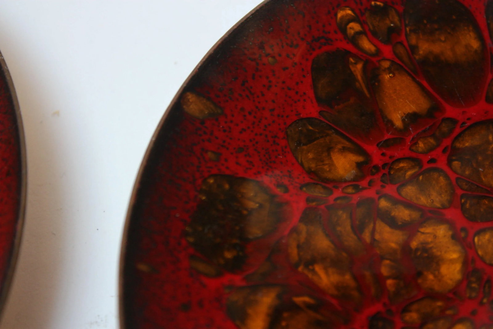 Set of Two Enamel on Copper Red and Gold Decorative Plates by Win Ng - 6