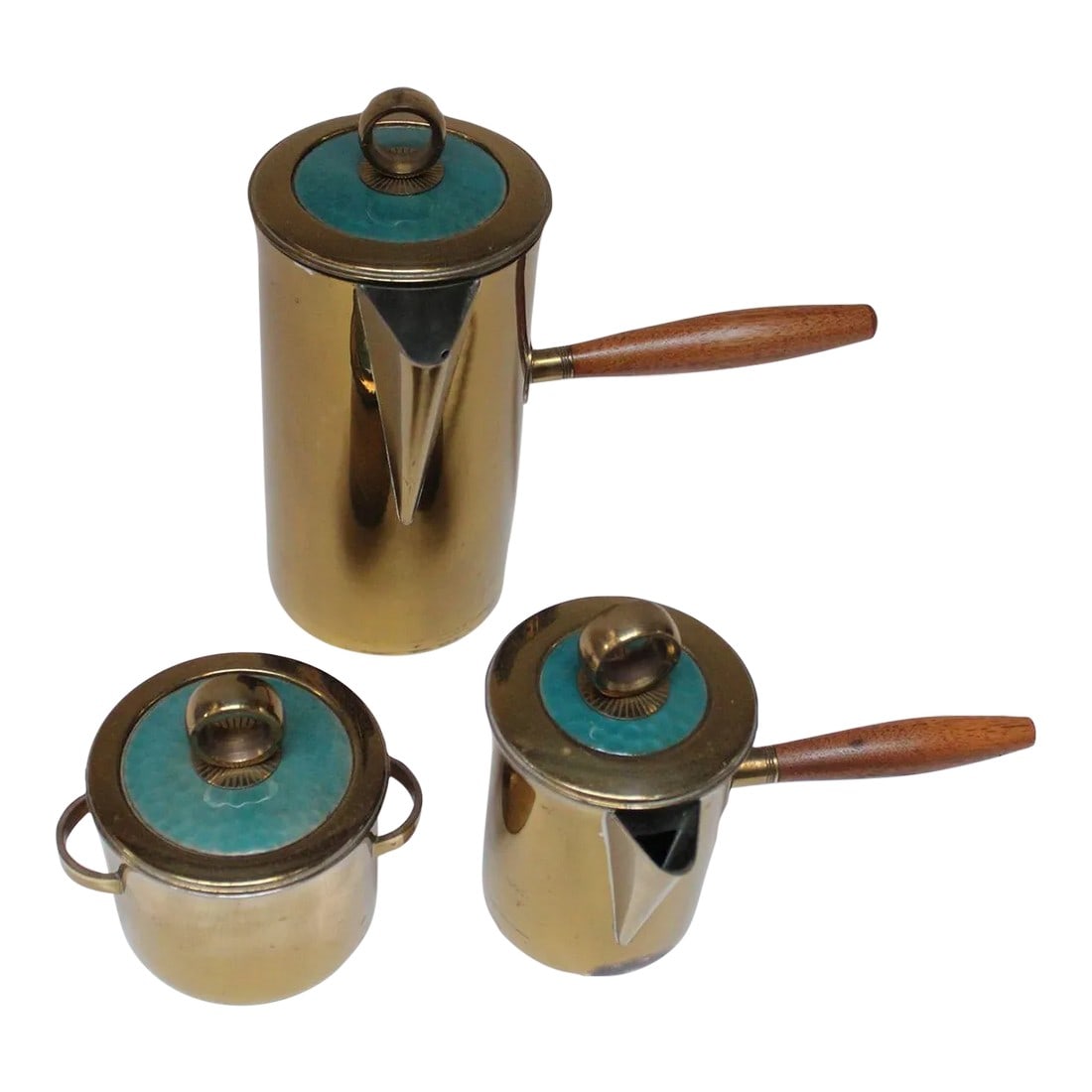 Vintage Georges Briard "El Dorado" Enamel and Brass Tea/Coffee Service: Coffee service set including a sugar bowl, creamer, and tea/coffee pot by Georges Briard for his "El Dorado" line. Composed of brass-plated silver vessels with teal enamel inserts. The creamer and