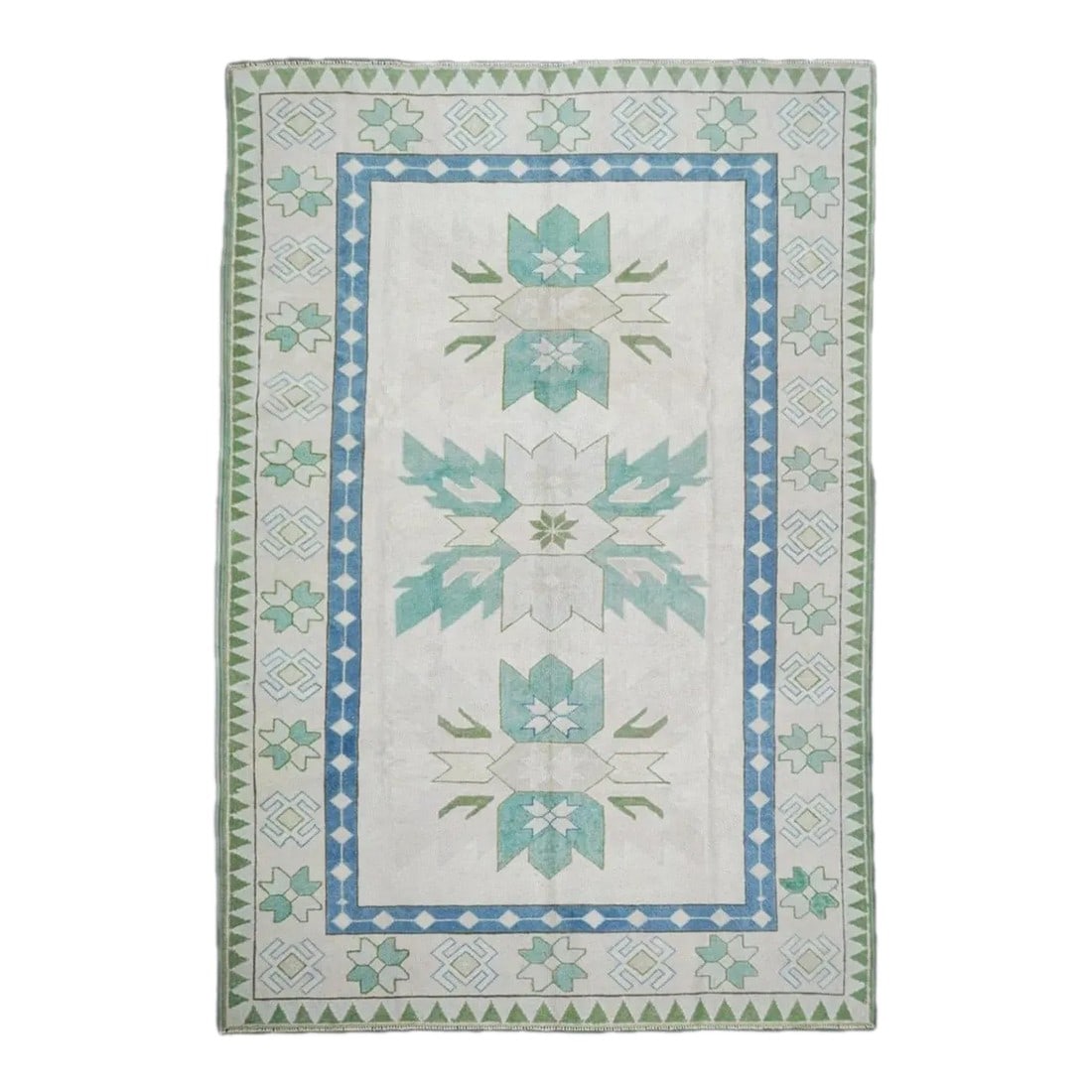Oushak Rug 5'9'' X 8'4'': Town in Western Anatolia, weaving mostly room sizes, in coarse to moderate weave, high pile. Antiques are all wool, changing to cotton foundations in the 1920's. Geometric or Persian-derived patterns,