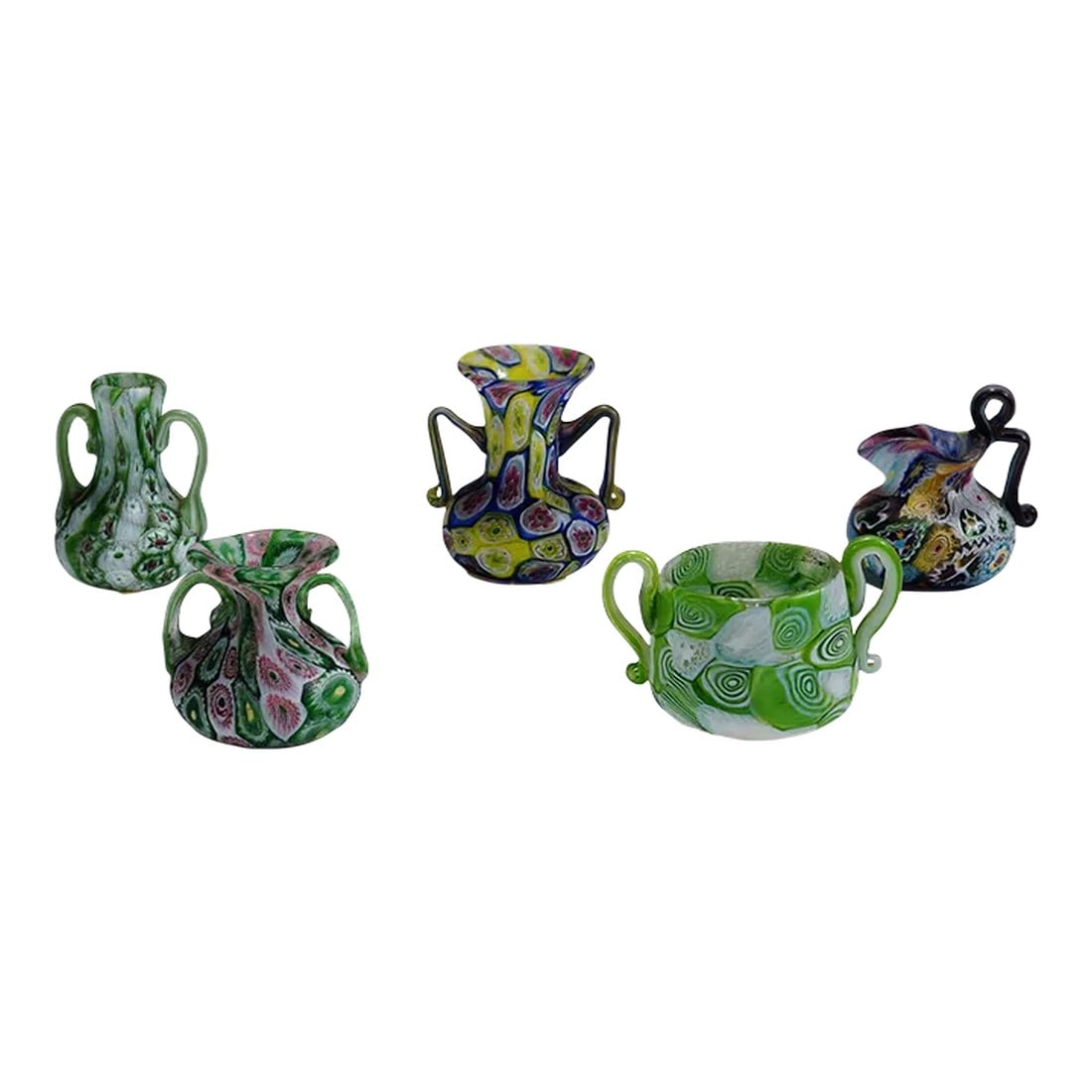 Set of Fife Antique Millefiori Vases by Fratelli Toso, Murano: Set of Fife Antique Millefiori Vases by Fratelli Toso, Murano A set of five millefiori murrine glass vases, manufactured by Vetreria Fratelli Toso around 1910-20. All vases feature handles and are