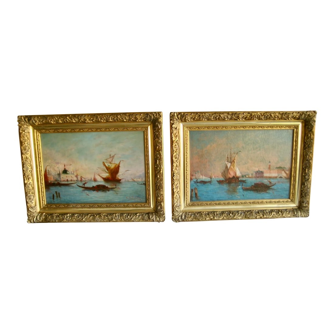 Pair of Venetian Oil Painting: This lovely pair of oil painting present two iconic views of Venice one Santa Maria della Salute from the grand canal and the other the Doge palace , in the Felix Ziem style master of Venetian views