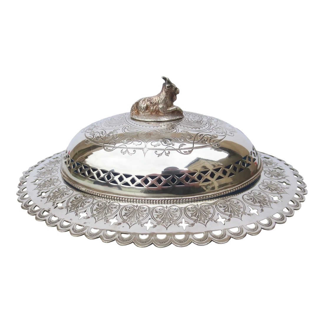 Butter Server Silver Plate Circa 1850 - Set of 3: Mid-19th century butter dish with blue opaline liner. Finely decorated engraved pattern over the dome and over the serving tray. The lid handle is a reclining goat. No maker's mark. The size is 9"