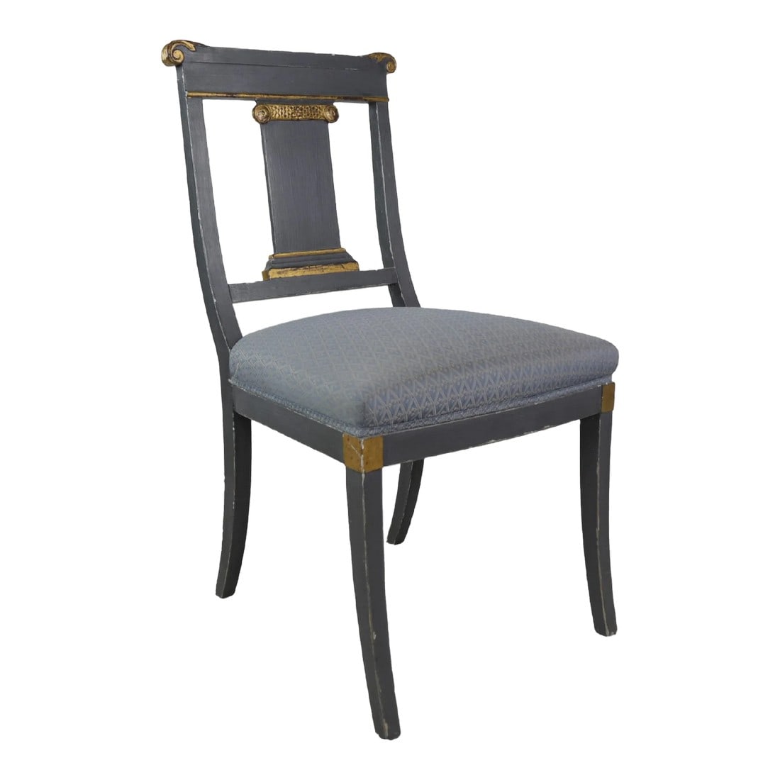 Vintage Handcrafted French Empire-Style Chair: Reproduction of antique model. Empire Chair, this chair is a typical Empire period chair with its water lily shape as rolled lotus leaves dotted at the end of the slightly curved top rail. The lower d