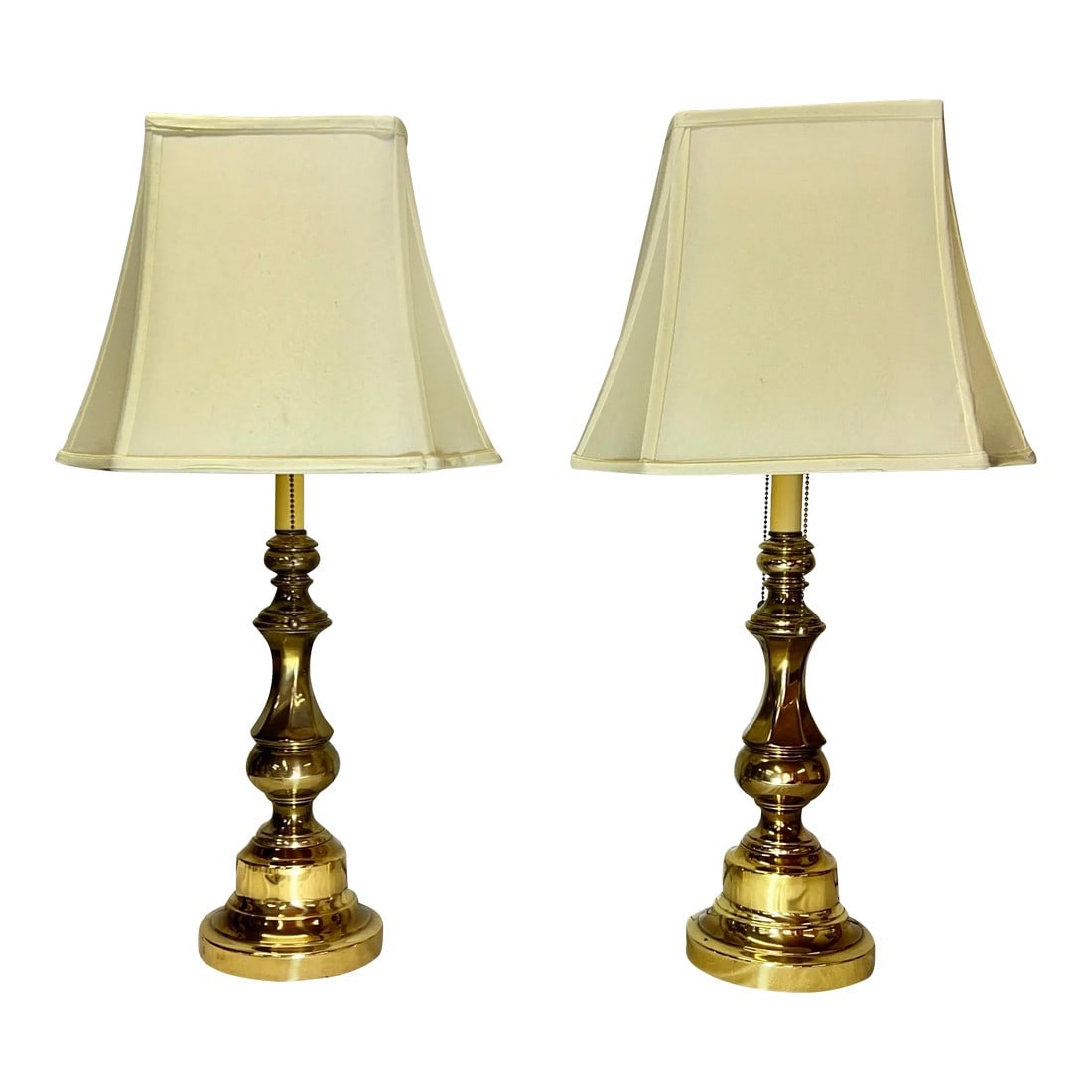 Double Bulb Twist Column Brass Lamps With Shades - a Pair: For consideration a pair of double bulb bass lamps with twist column. Sockets have independent pull chains for use of one bulb or two. Off white faux silk lined shades are included. All in very good