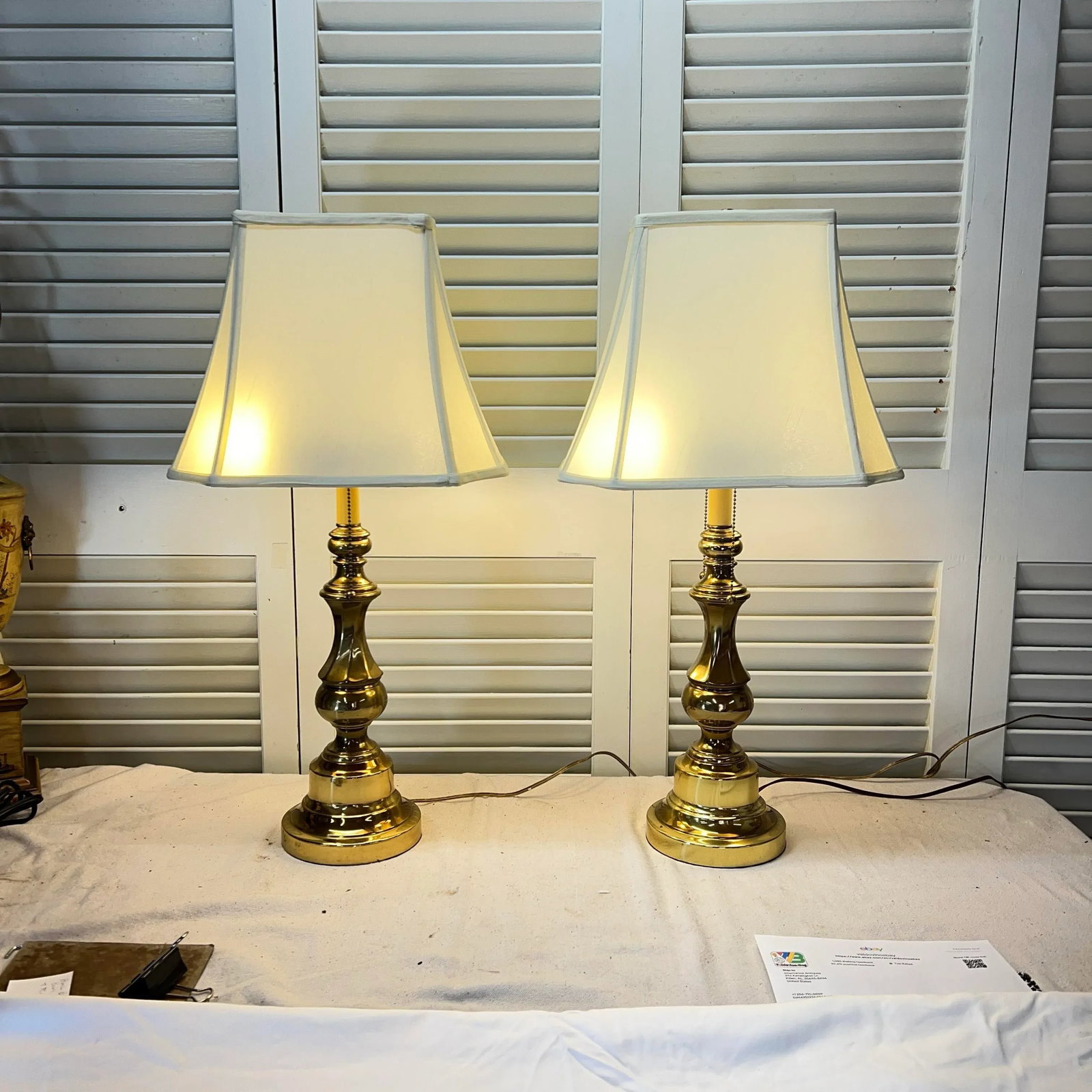 Double Bulb Twist Column Brass Lamps With Shades - a Pair - 2