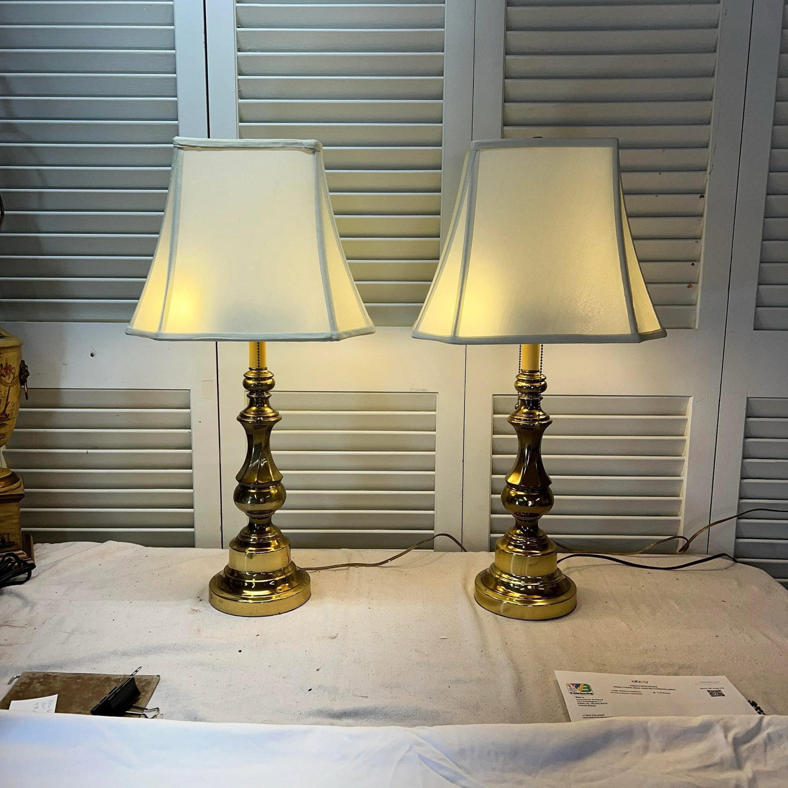 Double Bulb Twist Column Brass Lamps With Shades - a Pair - 3
