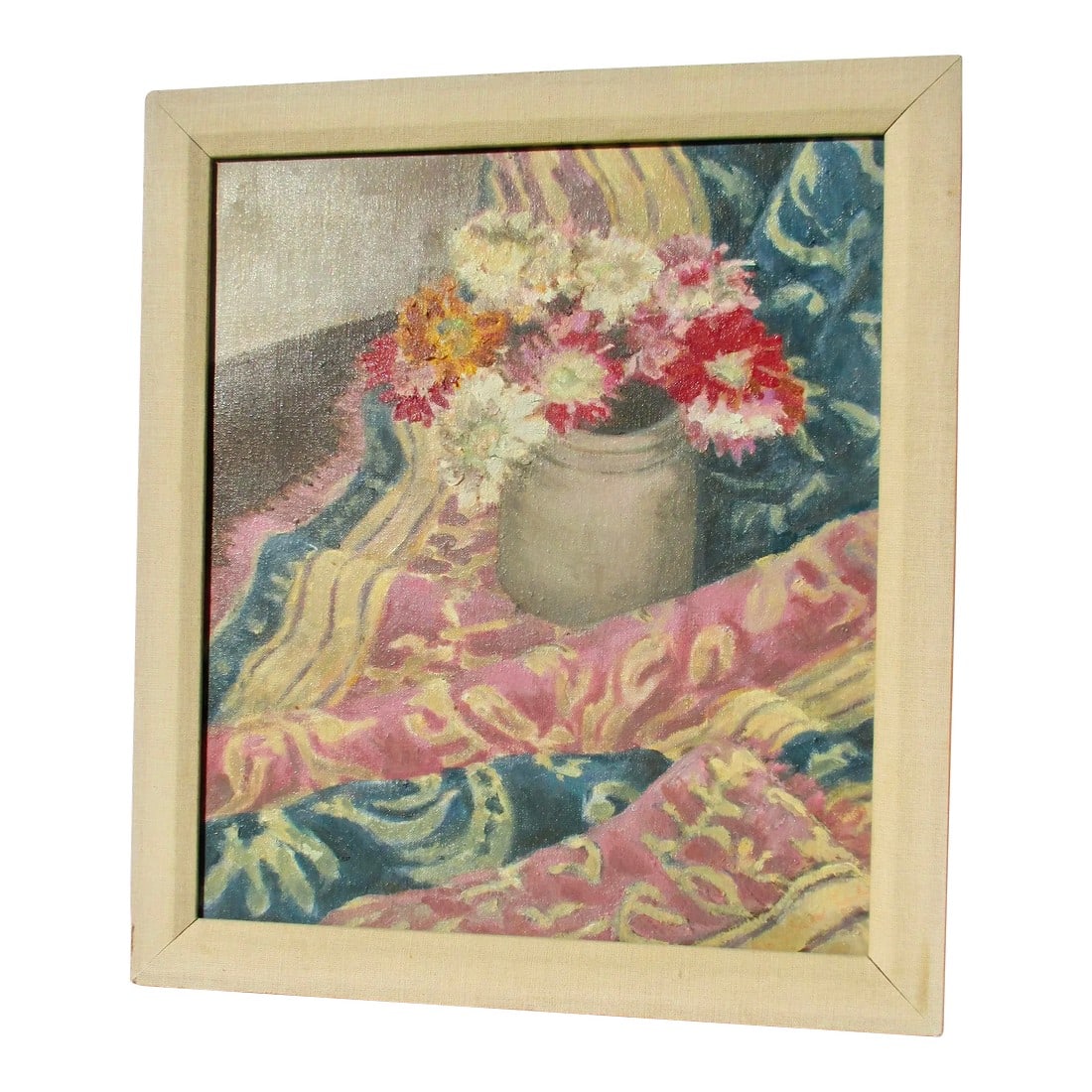Vintage 70s' Still-Life: A Beautiful study by Sandra Lee of the flower bouquet on the rumpled cloth of a shawl. The color composition is very conscious of the soft blush and creams of the fabric and the flowers set on the sha