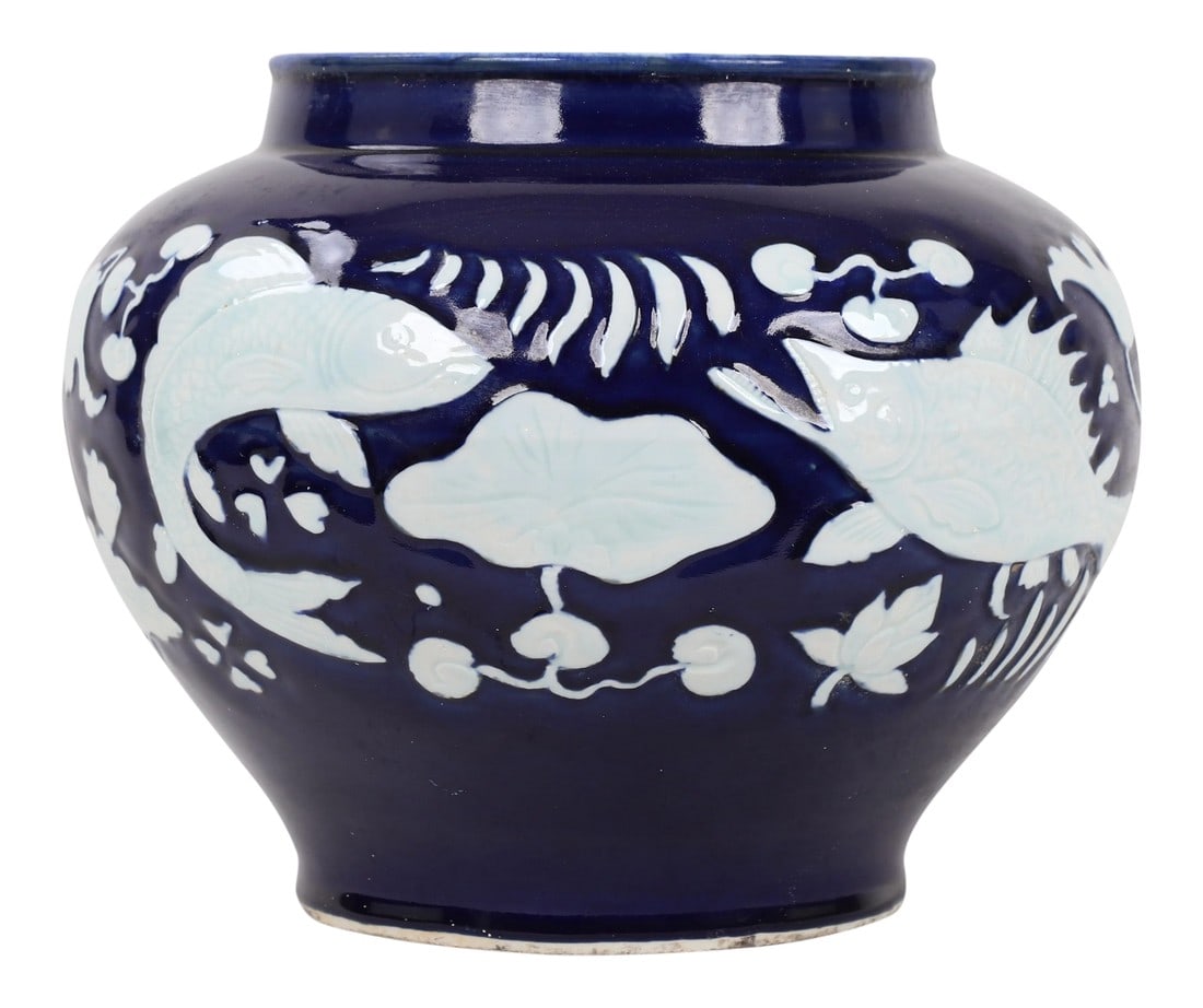 20th Century Chinese Cobalt Blue Glaze With Carved White Fish & Seaweed Design Jar (1 of 13)