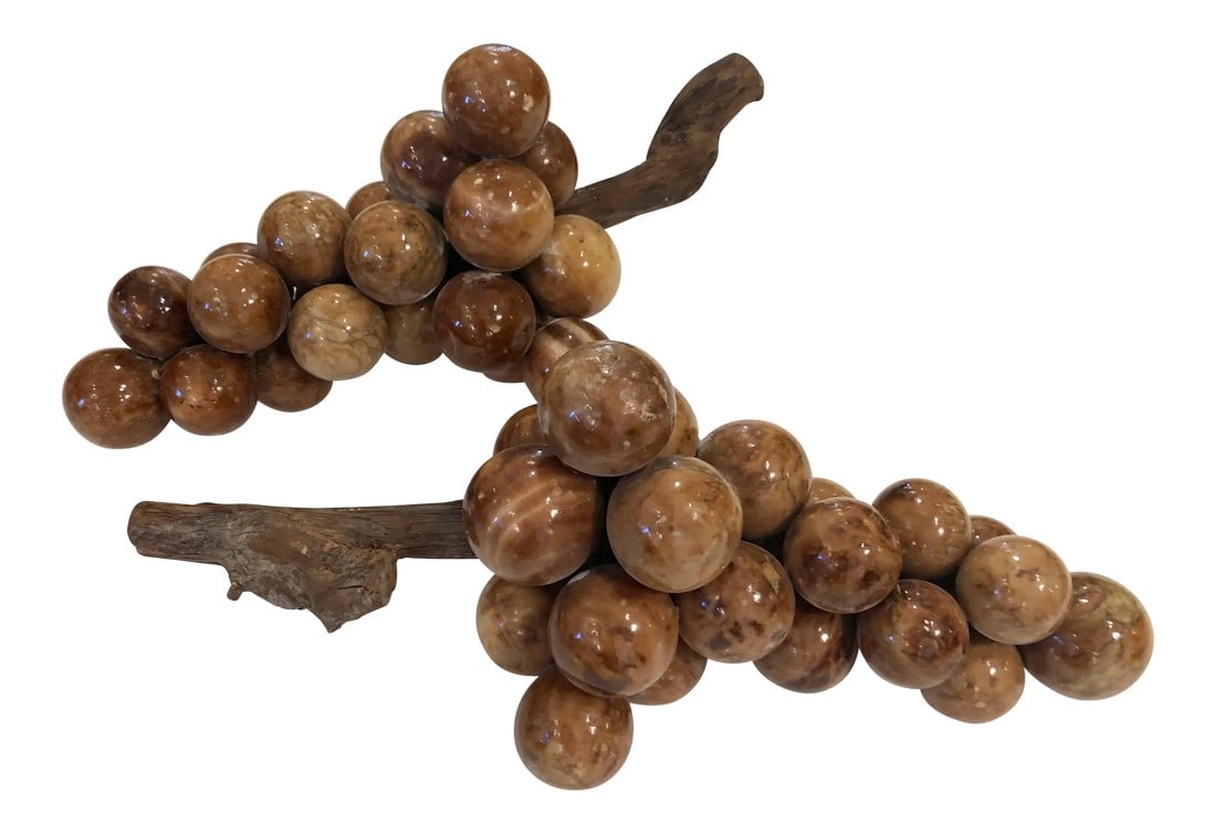 Large Alabaster Grapes Sculptures - a Pair: An impressive pair of vintage grape clusters made from brown and cream alabaster and natural twig. Condition: Alterations: Original Condition Unaltered Imperfections: Some Imperfections Condition