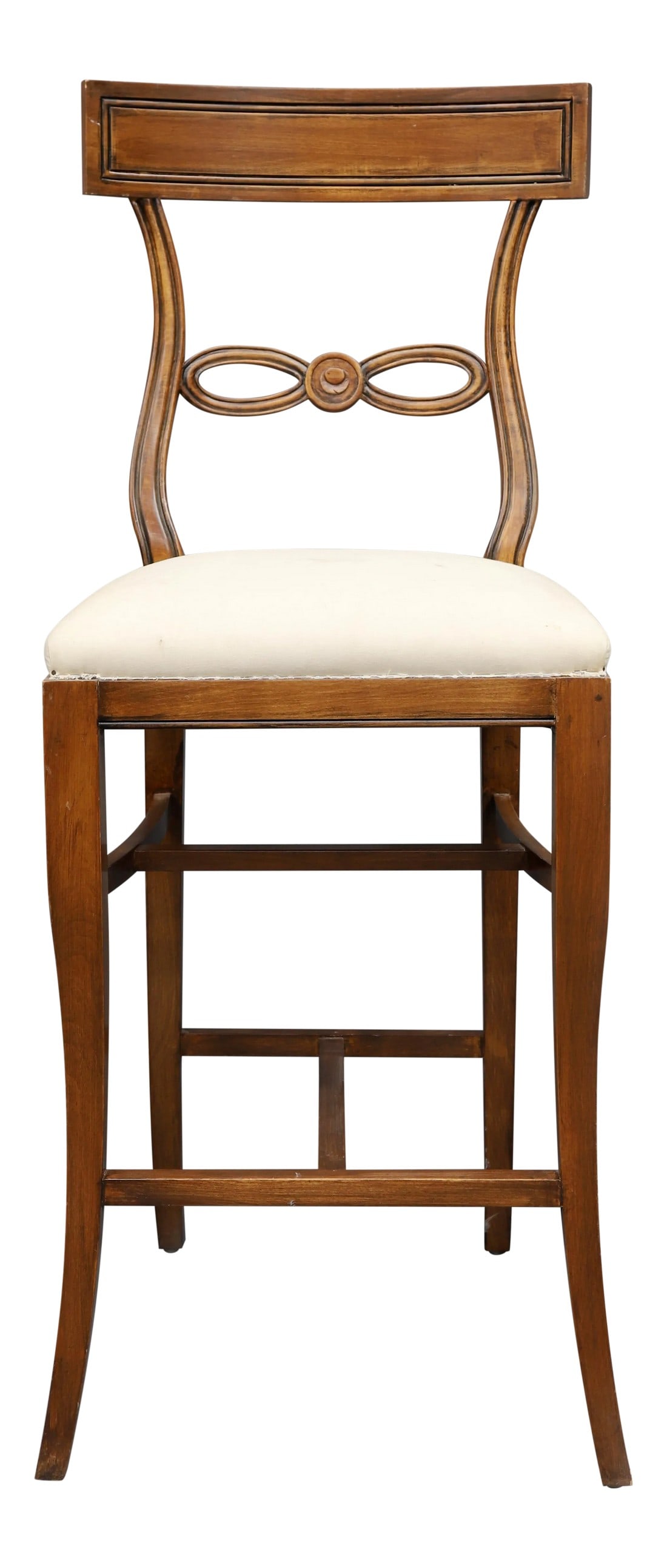 1970s Vintage Knotted Rope Design Bar Stool: This upholstered Stool features a delicate back with knotted rope design. The wood is a medium color and a white muslin. Condition: Imperfections: Some Imperfections Condition Notes: In good condition