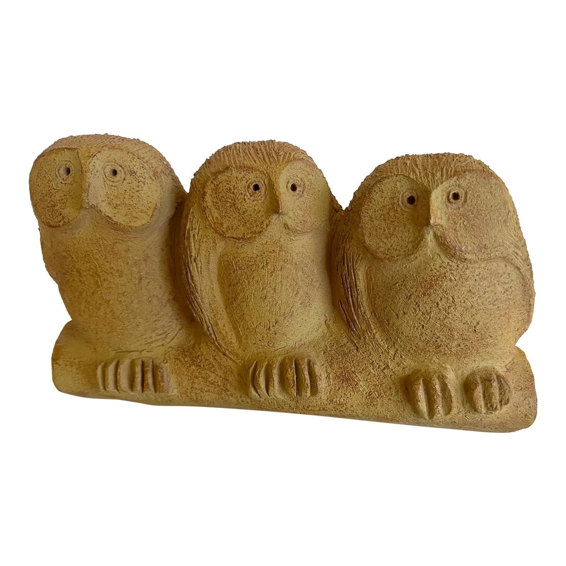 Mid Century Modern Picasso Style Stoneware Sculpture of Owls: Stylized mid-century modern stoneware sculpture of 3 owls. Note: There's a single owl that complements this trio also listed. Condition: Alterations: Original Condition Unaltered Imperfections: Some