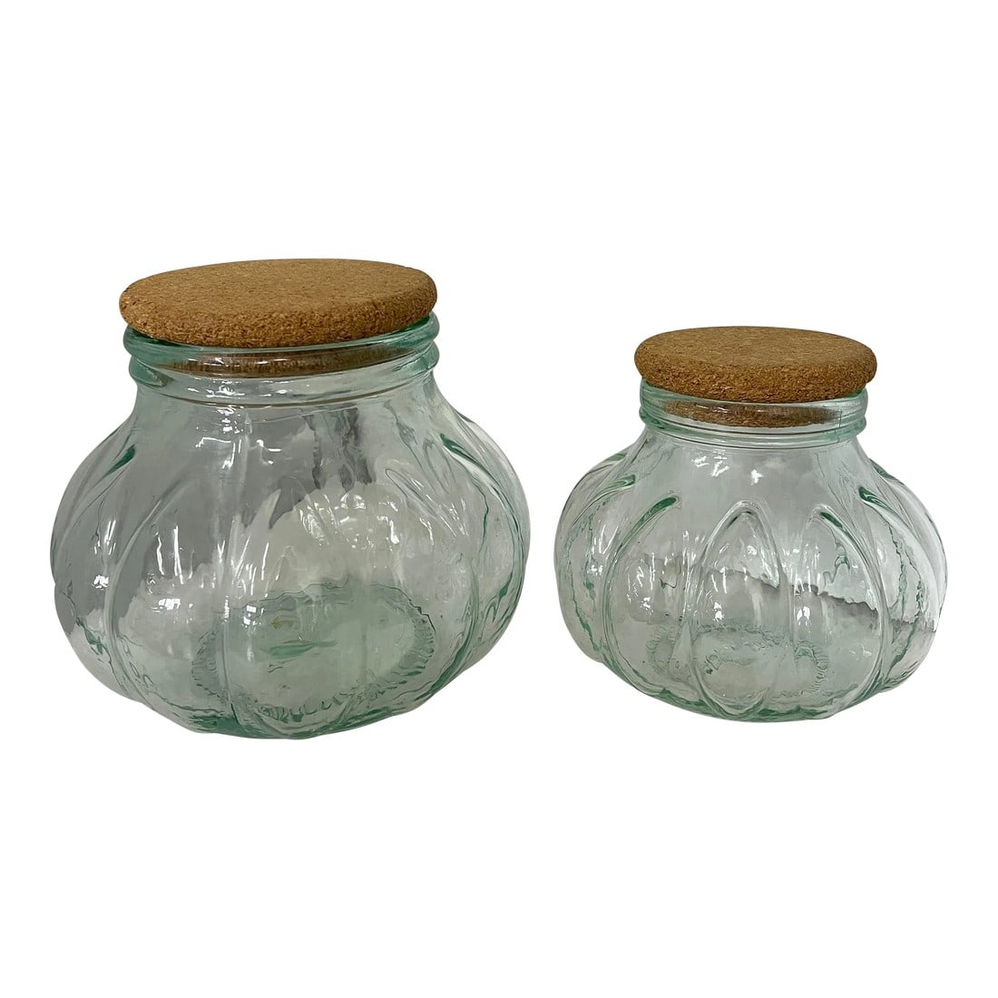Italian Melon Shaped Apothecary Jars - a Pair: Set of 2 melon form apothecary jars with cork lids. Marked made in Italy. Large measures 9" diameter x 7.75" h. Small measures 7" diameter x 6.5" h. Condition: Alterations: Original Condition