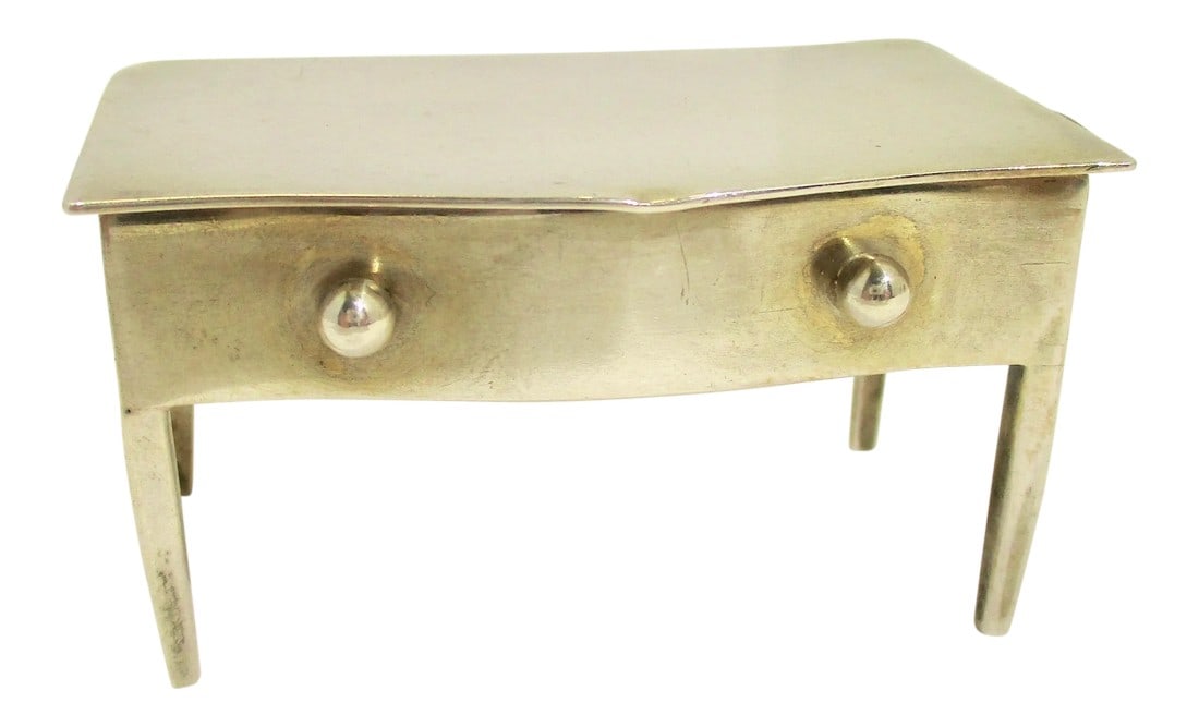 1910s Traditional Sterling Silver Small Table Form Box: German silver model of small 4 legged lift top table with gilt wash interior as stamp box. Made in the 1910s. The size is 1.25" tall and 2.25" wide by 1.5" deep. The condition is very good.
