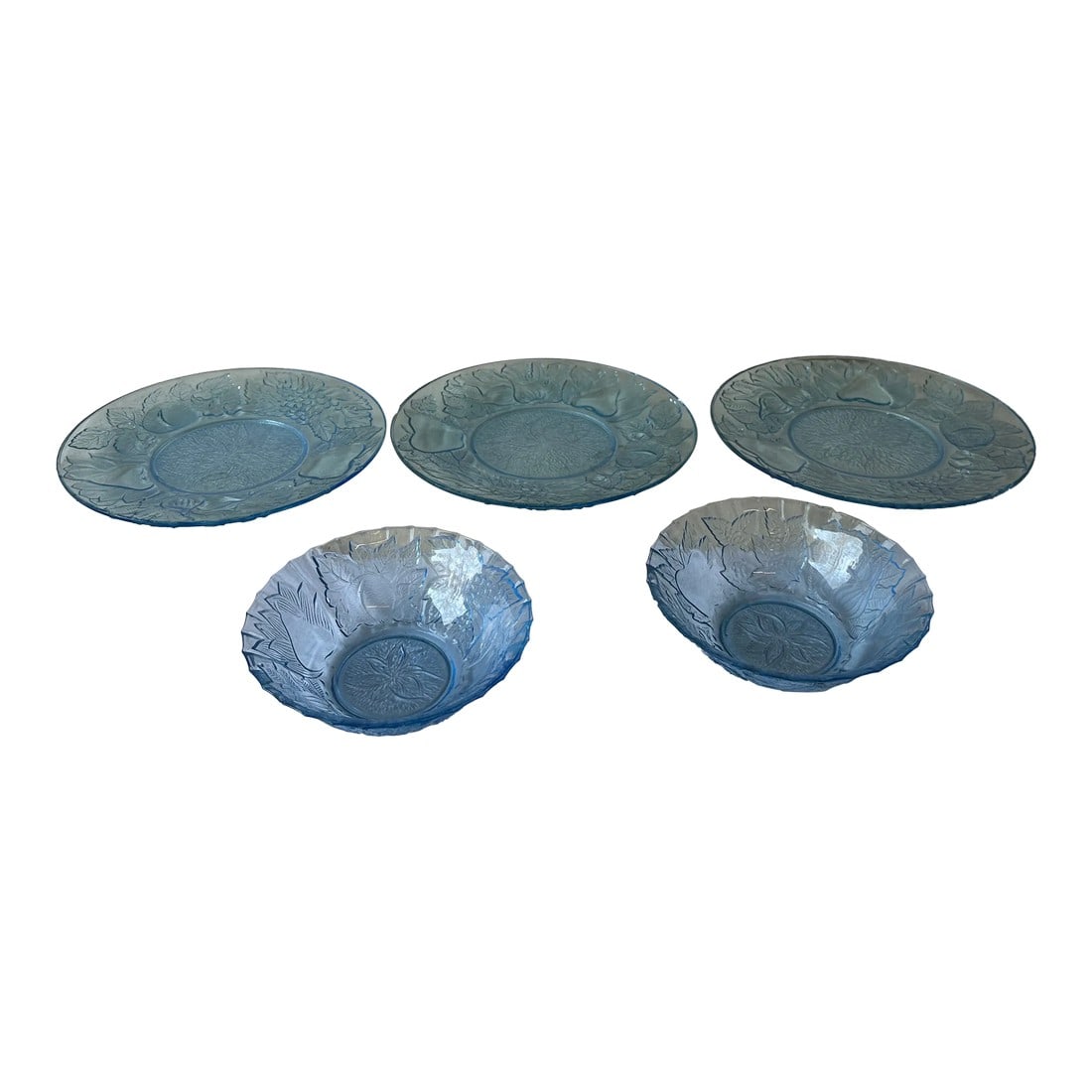 Set of 5 1970s Blue Glass Plates: Up for consideration is a set of blue glass detailed plates. These would look lovely in your home and they are a great find for the interior design enthusiast. Please check out my other listings!