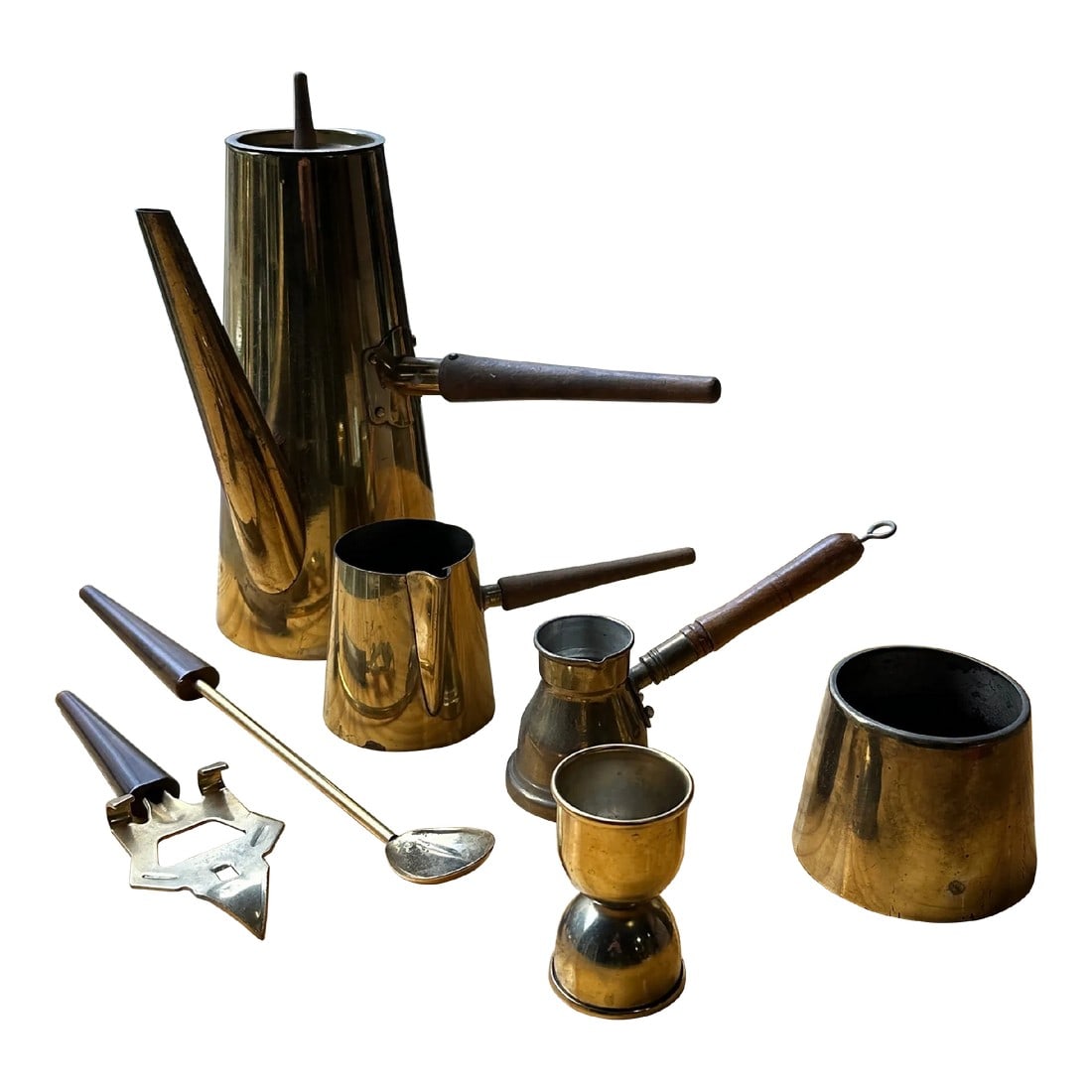 Vintage Wooden and Brass Coffee Set- 8 Pieces: Up for consideration is a beautiful wooden and brass coffee set. This would look lovely in your home and it is a great find for the interior design enthusiast. Please check out my other listings!