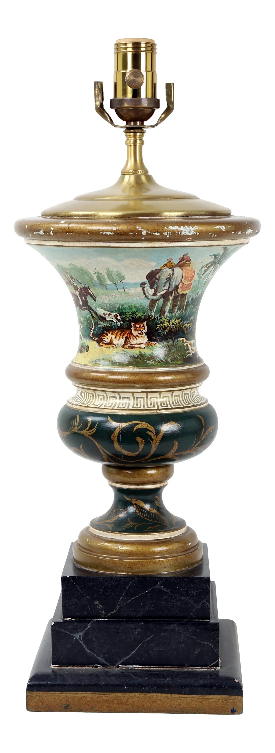 Trophy Vase Lamp Depicting Hunting Party After Tiger: This trophy vase shaped lamp depicts handlers riding on the back of an elephant, a tiger, and hunting dogs on one side. Mounted on a tiered marble base. Condition: Imperfections: Some Imperfections