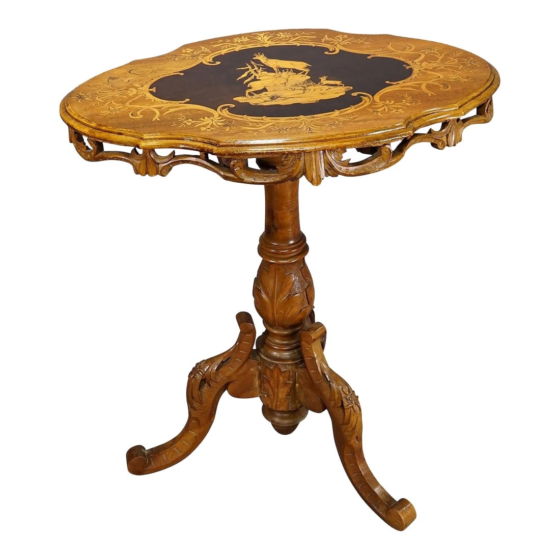 Edelweis Marquetry Side Table Swiss Brienz 1900: Edelweis Marquetry Side Table Swiss Brienz 1900 A decorative nutwood side table decorated with inlayed and painted sceneries depicting chamois and edelweis flowers surrounded by ebony and lindenwood