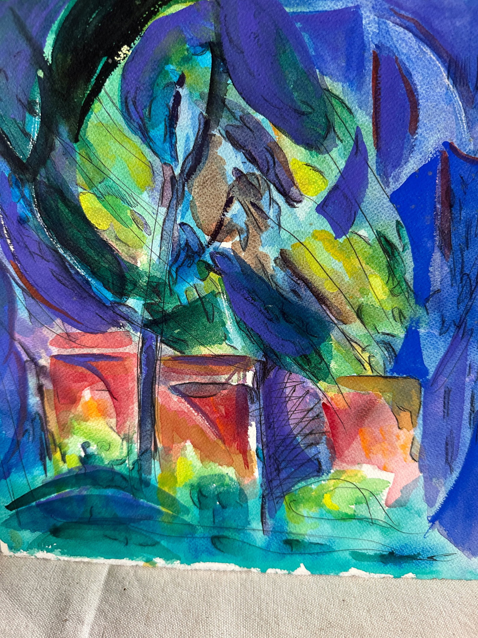 Abstract Watercolor Painting of Plants in Vases - 5