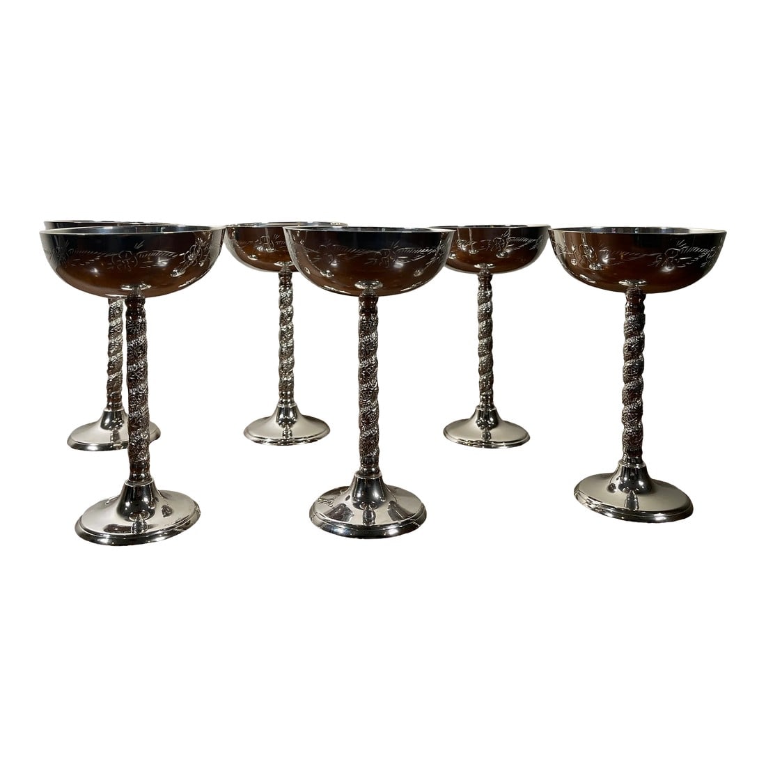 1950s Silver Plated Champagne Glasses- Set of 6: 1950s Silver Plated Champagne Glasses Ideal for Dessert. Condition: Alterations: Original Condition Unaltered Imperfections: Some Imperfections Condition Notes: Good condition Dimensions: Height: 6