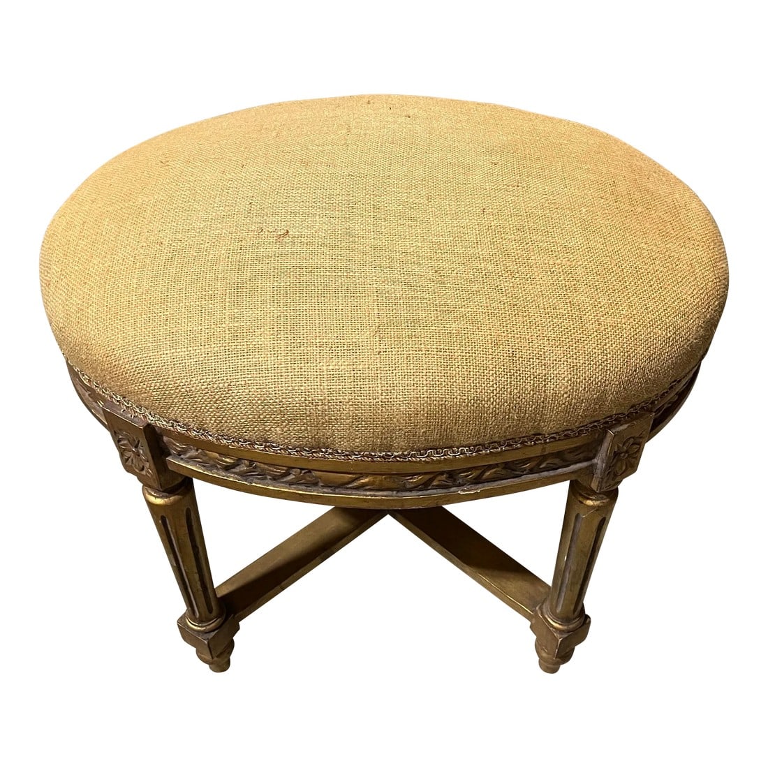 1970s Wooden Gold Painted Ottoman With Burlap Covered Cushion: Up for consideration is a beautiful wooden ottoman with a burlap covered cushion. This would look lovely in your home and it is a great find for the interior design enthusiast. Please check out my
