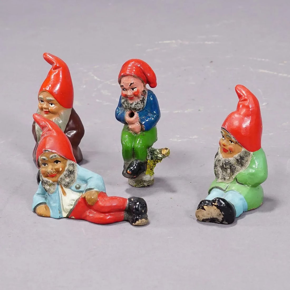 Lot of Four Tiny Terracotta Garden Gnomes, Germany Ca. 1950s - 2