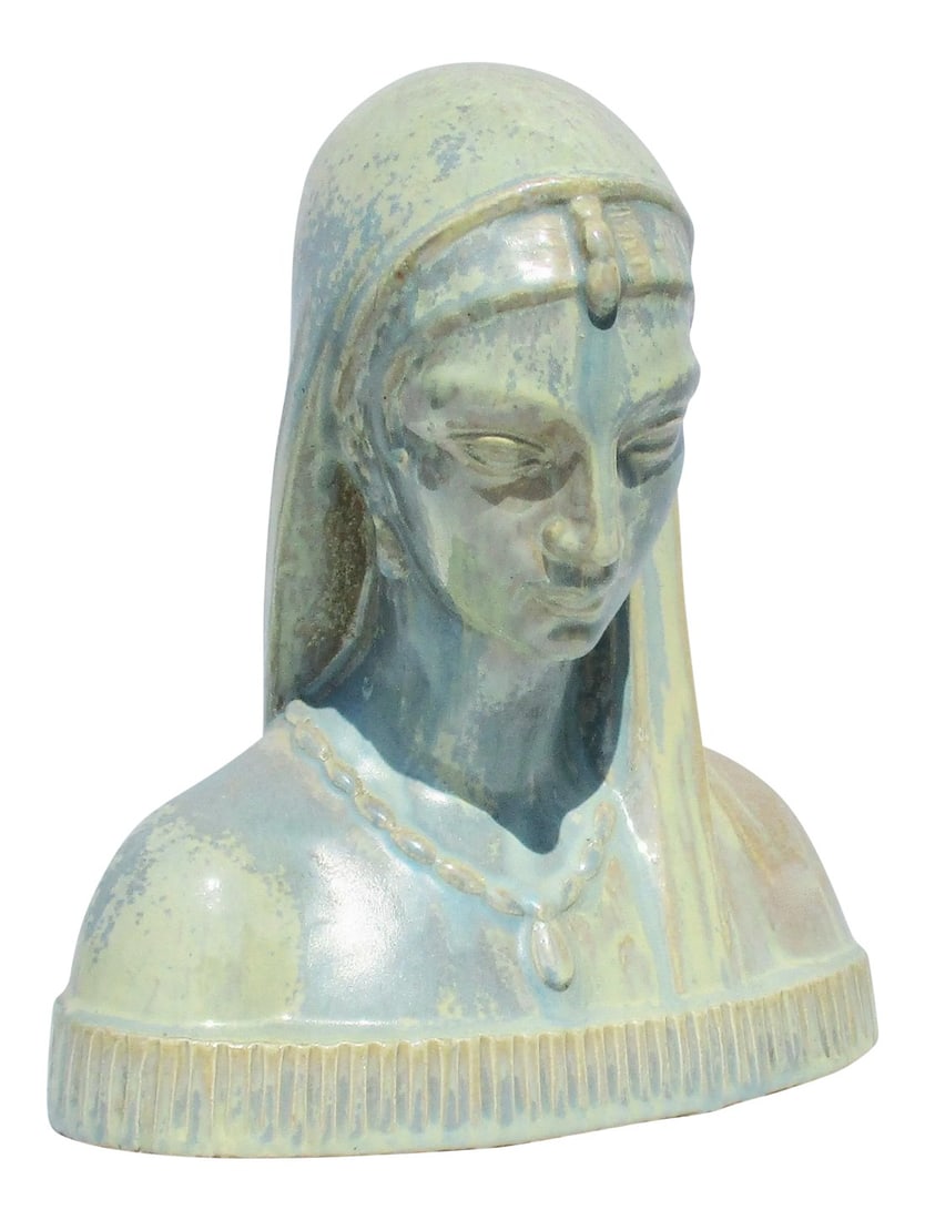 1940s Vintage F Steinberger Glazed Terra Cotta Female Sculpture: Female head in classical robes and decoration. Glazed over substantial ceramic builders clay core. Soft spreading blues and green grays . Rich texture in color patterns over all. Signed in body F