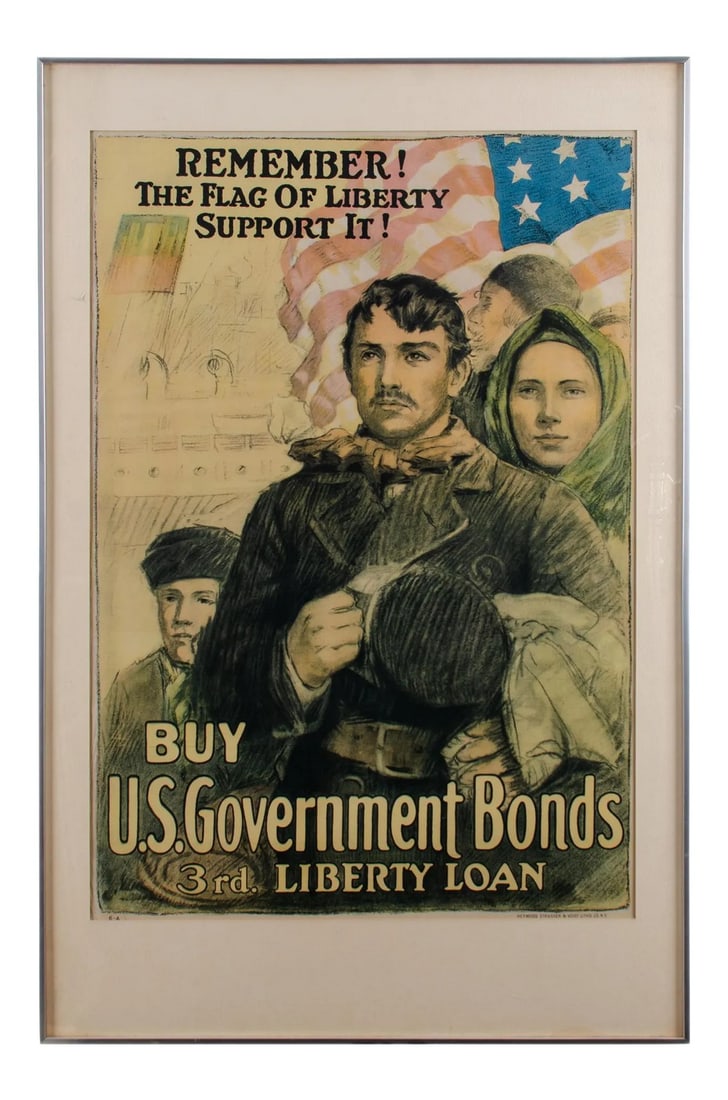 Early 20th Century Antique WWI 3rd Liberty Loan Remember the Flag of Liberty Poster: WWI Government Bonds poster created by the Department of the Treasury in 1918 and printed by Heywood Strasser & Voigt Lithograph Company. Sight: 19 Â½ inches wide by 28 inches tall Frame:
