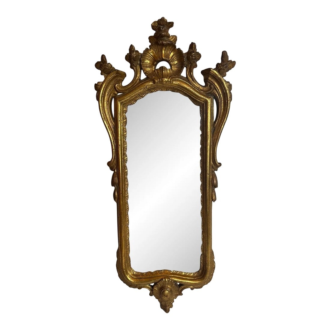 Elegant Vintage Italian Borghese Hand Carved Giltwood Mirror: Lovely vertical narrow giltwood mirror by Borghese, Italy. Condition: Alterations: Original Condition Unaltered Imperfections: Some Imperfections Condition Notes: minor wear Dimensions: Height: 24