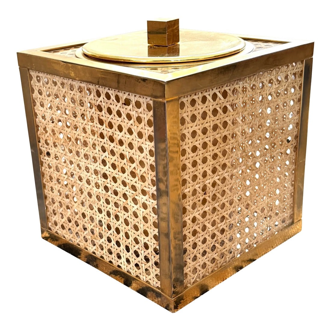 1970's Italian Lucite, Caning, Brass Ice Bucket Crespi/Dior Style: Vienna straw/rattan caning encased in lucite ice bucket or wine holder. Polishes brass edges. Metal insert with strainer on bottom (melted ice can be kept at bay). Square finial. Fantastic heavy