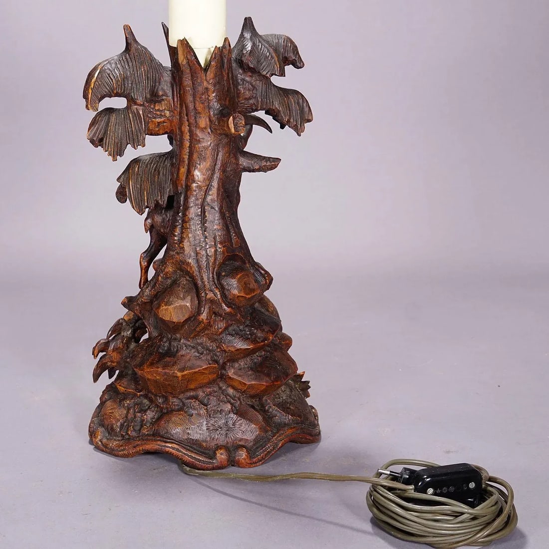 Pair Black Forest Carved Table Lamps With Ibex and Chamois - 10