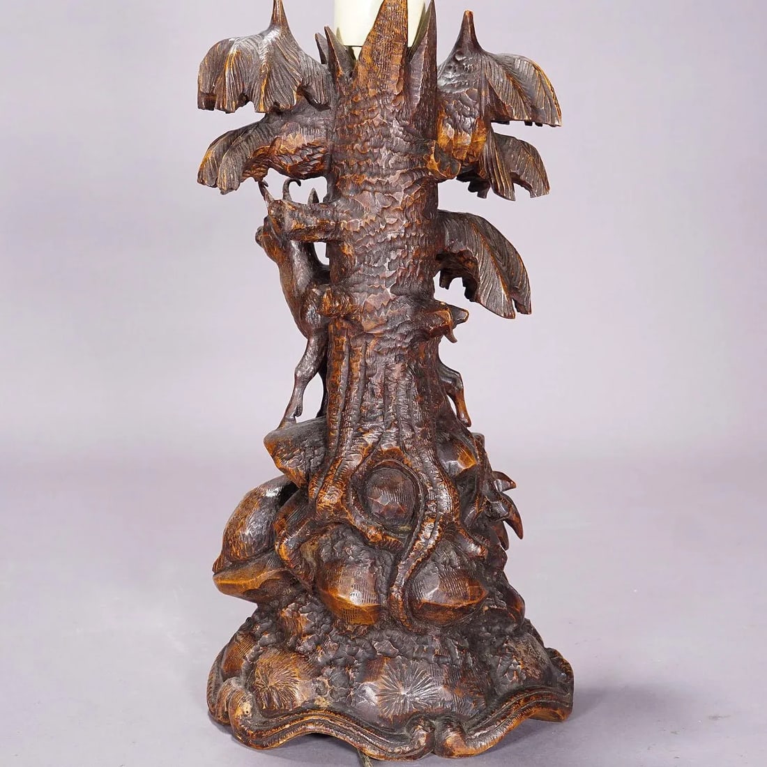 Pair Black Forest Carved Table Lamps With Ibex and Chamois - 11