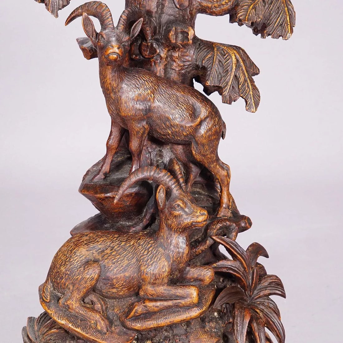 Pair Black Forest Carved Table Lamps With Ibex and Chamois - 12