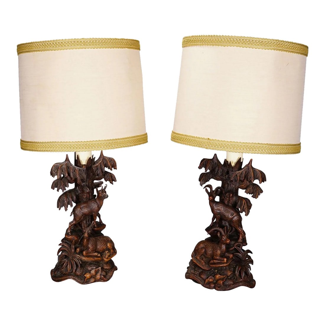 Pair Black Forest Carved Table Lamps With Ibex and Chamois (1 of 12)