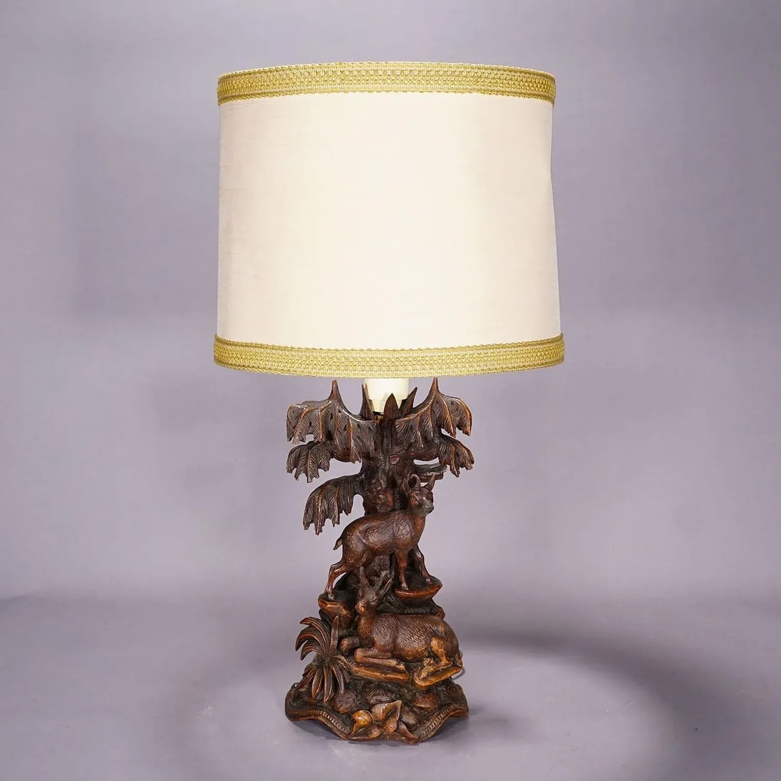 Pair Black Forest Carved Table Lamps With Ibex and Chamois - 2