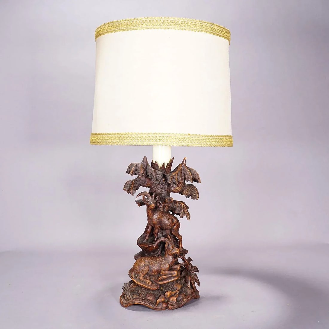 Pair Black Forest Carved Table Lamps With Ibex and Chamois - 3