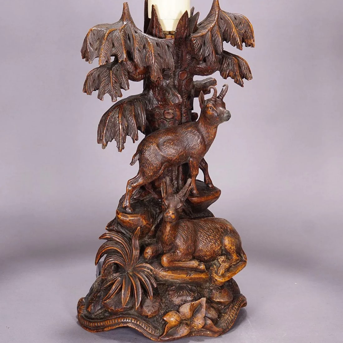 Pair Black Forest Carved Table Lamps With Ibex and Chamois - 4