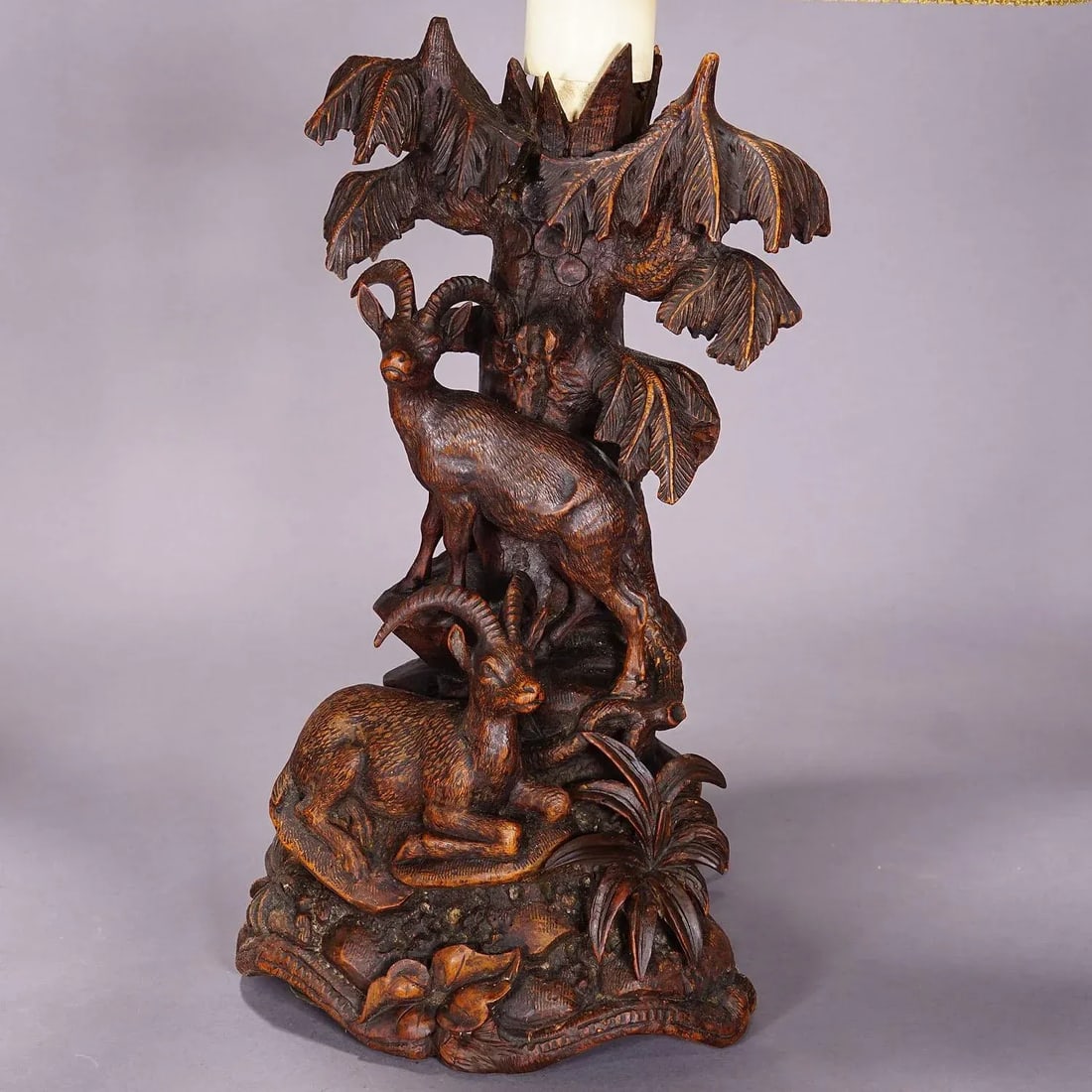 Pair Black Forest Carved Table Lamps With Ibex and Chamois - 5