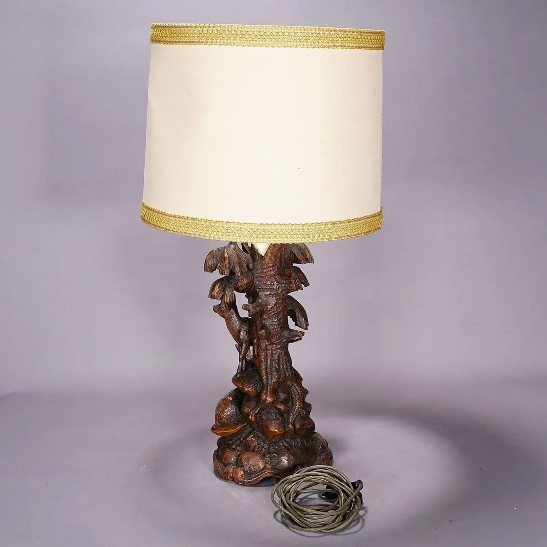 Pair Black Forest Carved Table Lamps With Ibex and Chamois - 6