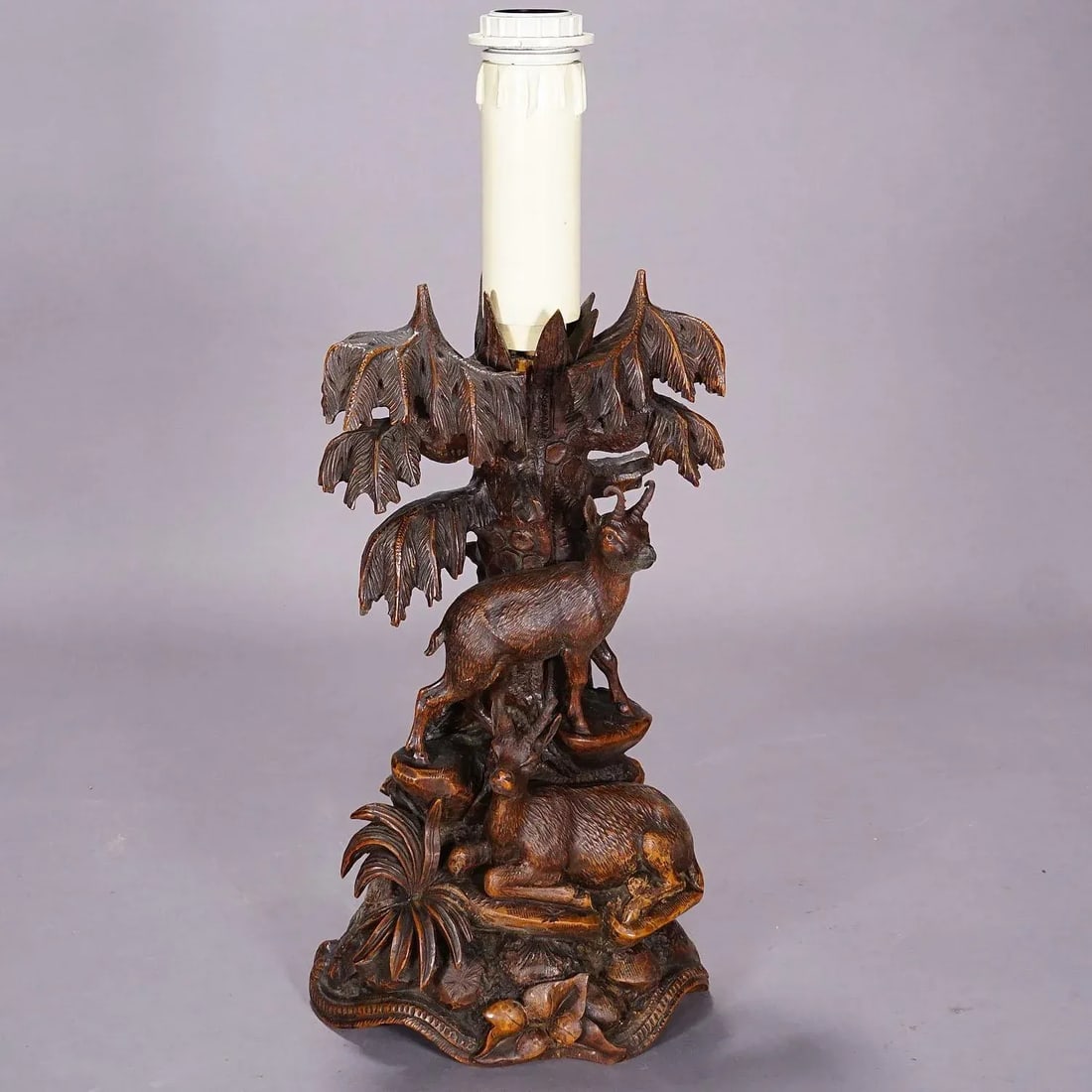 Pair Black Forest Carved Table Lamps With Ibex and Chamois - 7