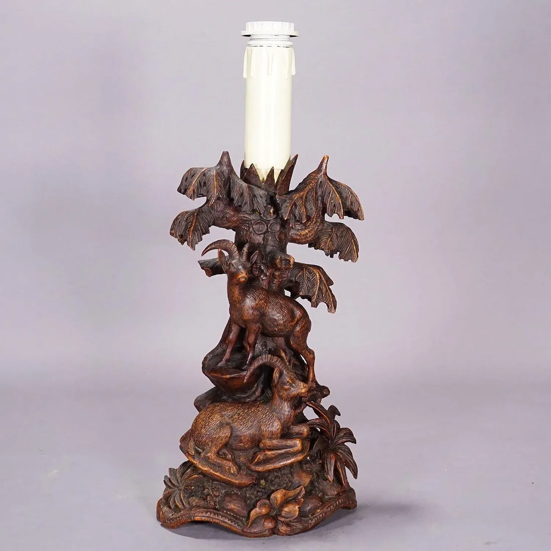 Pair Black Forest Carved Table Lamps With Ibex and Chamois - 8