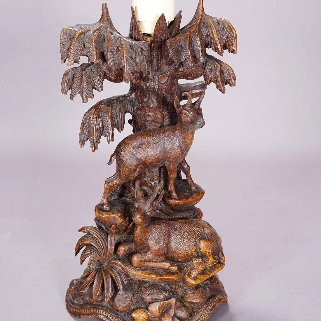 Pair Black Forest Carved Table Lamps With Ibex and Chamois - 9